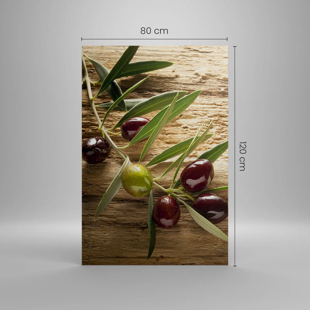 Impression sur toile - Image sur toile - Branche d'olivier avec des fruits sur un fond de bois vieilli - 80x120cm - Directement de la nature - Décoration murale moderne pour le salon et la chambre ARTTOR