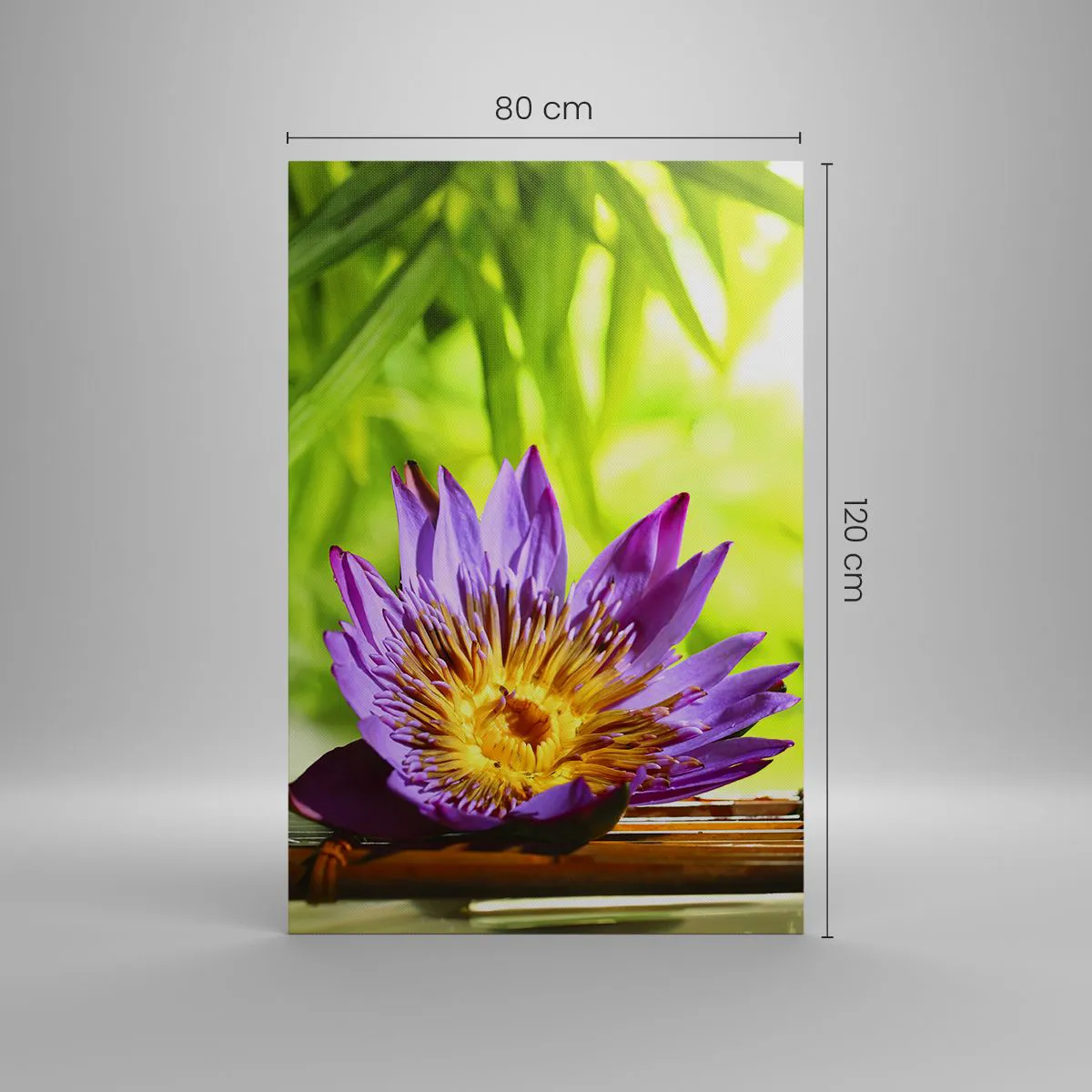 Bild auf Leinwand - Leinwandbild - Lila Lotusblüte vor einem Hintergrund aus grünen Bambusblättern - 80x120cm - In der asiatischen Sonne - Moderne Wanddekoration für Wohnzimmer und Schlafzimmer ARTTOR