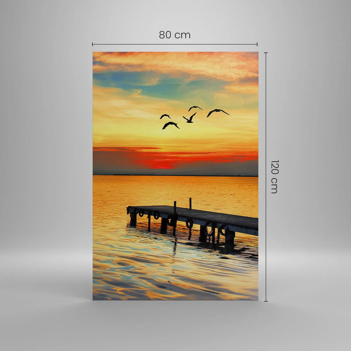 Quadro su tela - Stampe su Tela - Tramonto con barca a vela e molo su un lago calmo - 80x120cm - Il ritorno alla sera - Decorazione murale moderna per soggiorno e camera da letto ARTTOR