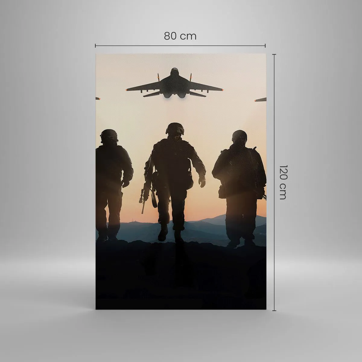 Bild auf Leinwand - Leinwandbild - Silhouetten von Soldaten und Kampfjets vor dem Hintergrund des Sonnenuntergangs - 80x120cm - Willkommen in unserer Welt - Moderne Wanddekoration für Wohnzimmer und Schlafzimmer ARTTOR