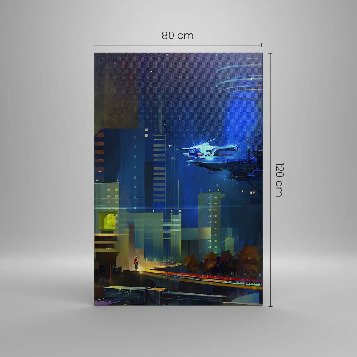Quadro su tela - Stampe su Tela - Città futuristica di notte con luci al neon e un veicolo volante - 80x120cm - In un futuro non lontano - Decorazione murale moderna per soggiorno e camera da letto ARTTOR