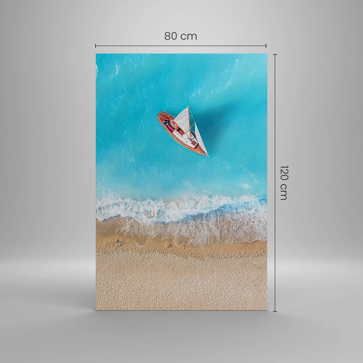 Bild auf Leinwand - Leinwandbild - Eine Vogelperspektive auf ein Boot am Strand - 80x120cm - An der Grenze von Blau und Gold - Moderne Wanddekoration für Wohnzimmer und Schlafzimmer ARTTOR
