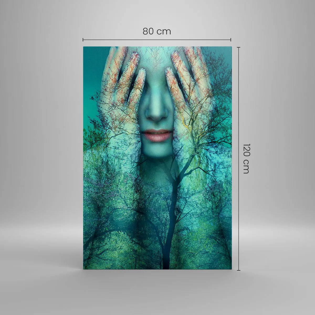 Impression sur toile - Image sur toile - Une figure de femme avec un motif d'arbre sur un fond de paysage turquoise - 80x120cm - immergé dans l'azur - Décoration murale moderne pour le salon et la chambre ARTTOR