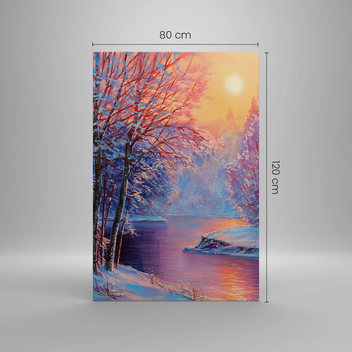 Obraz na płótnie - Zimowy krajobraz z rzeką i drzewami o wschodzie słońca - 80x120cm - Barwy zimy - Nowoczesna dekoracja ścienna do salonu i sypialni ARTTOR