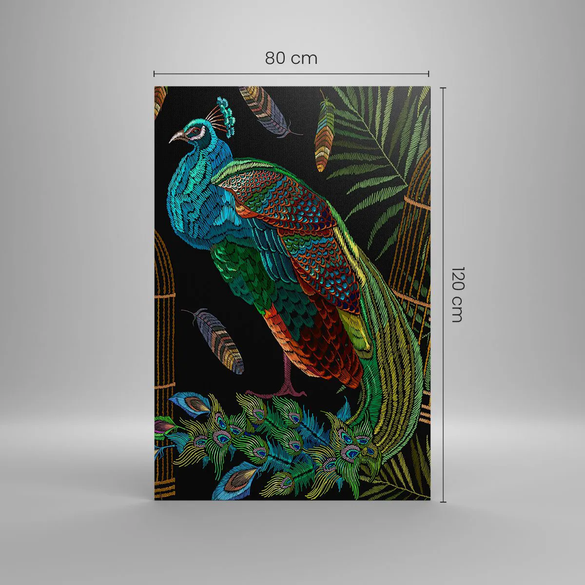 Cuadro sobre lienzo - Impresión de Imagen - Pavos reales junto a una jaula dorada sobre un fondo negro - 80x120cm - Con plumajes reales - Decoración de pared moderna para salón y dormitorio ARTTOR