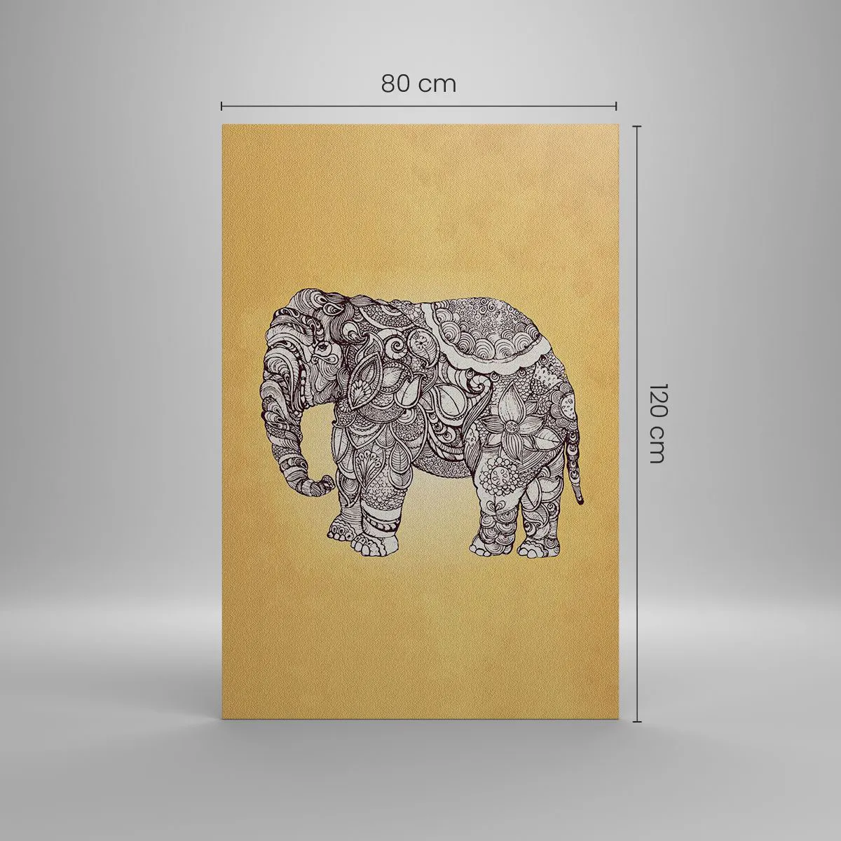 Impression sur toile - Image sur toile - Éléphant dessiné à la main avec un motif orné sur un fond beige - 80x120cm - L'éléphant s'est apprêté - Décoration murale moderne pour le salon et la chambre ARTTOR