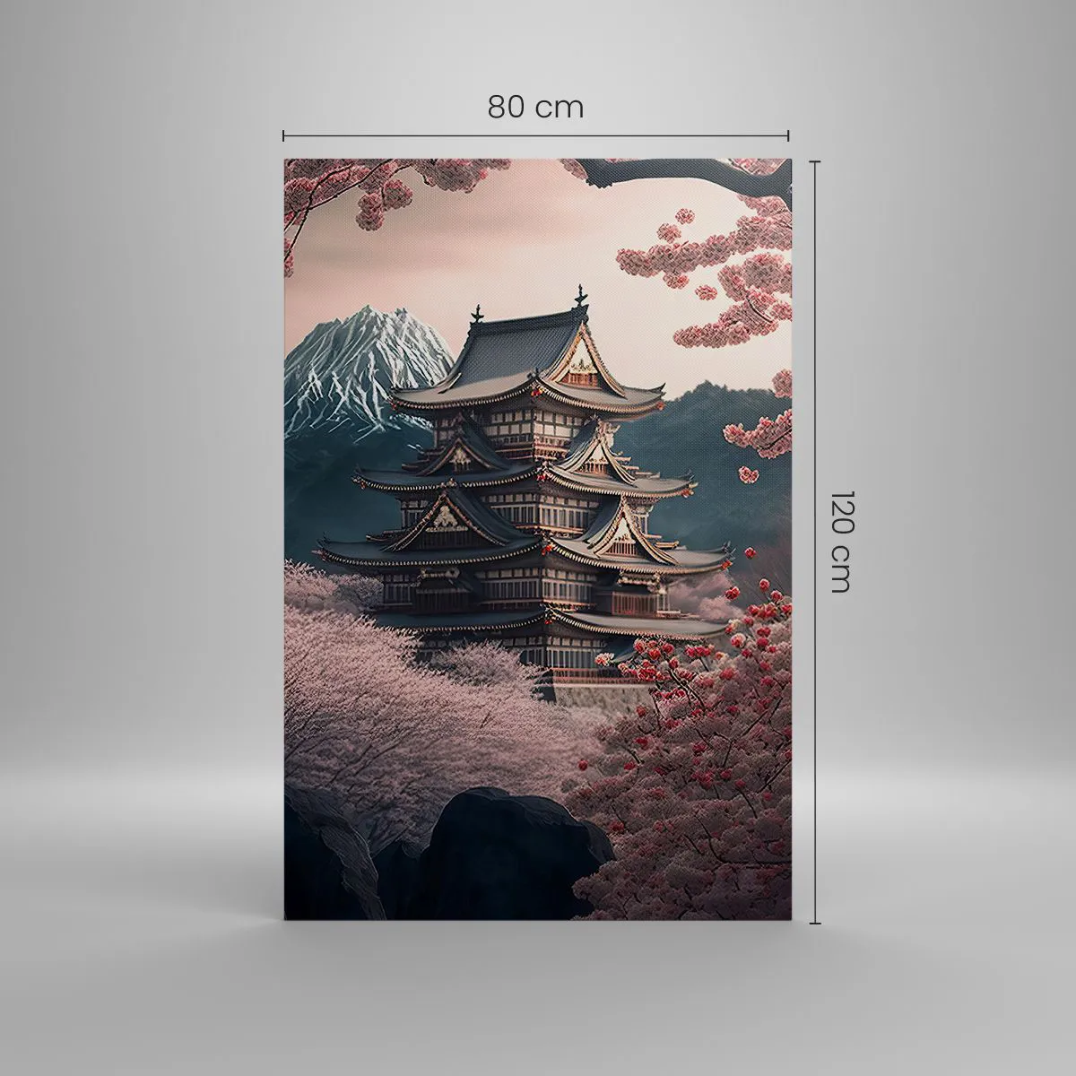 Obraz na płótnie - Japońska świątynia otoczona kwitnącymi wiśniami i górami - 80x120cm - Kraj kwitnącej wiśni - Nowoczesna dekoracja ścienna do salonu i sypialni ARTTOR