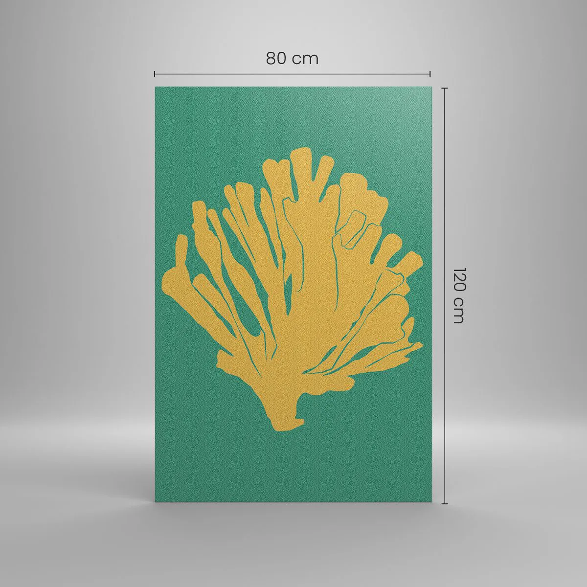 Obraz na płótnie - Minimalistyczna ilustracja koralowca w odcieniach złota na zielonym tle - 80x120cm - Krzak podwodnego lasu - Nowoczesna dekoracja ścienna do salonu i sypialni ARTTOR