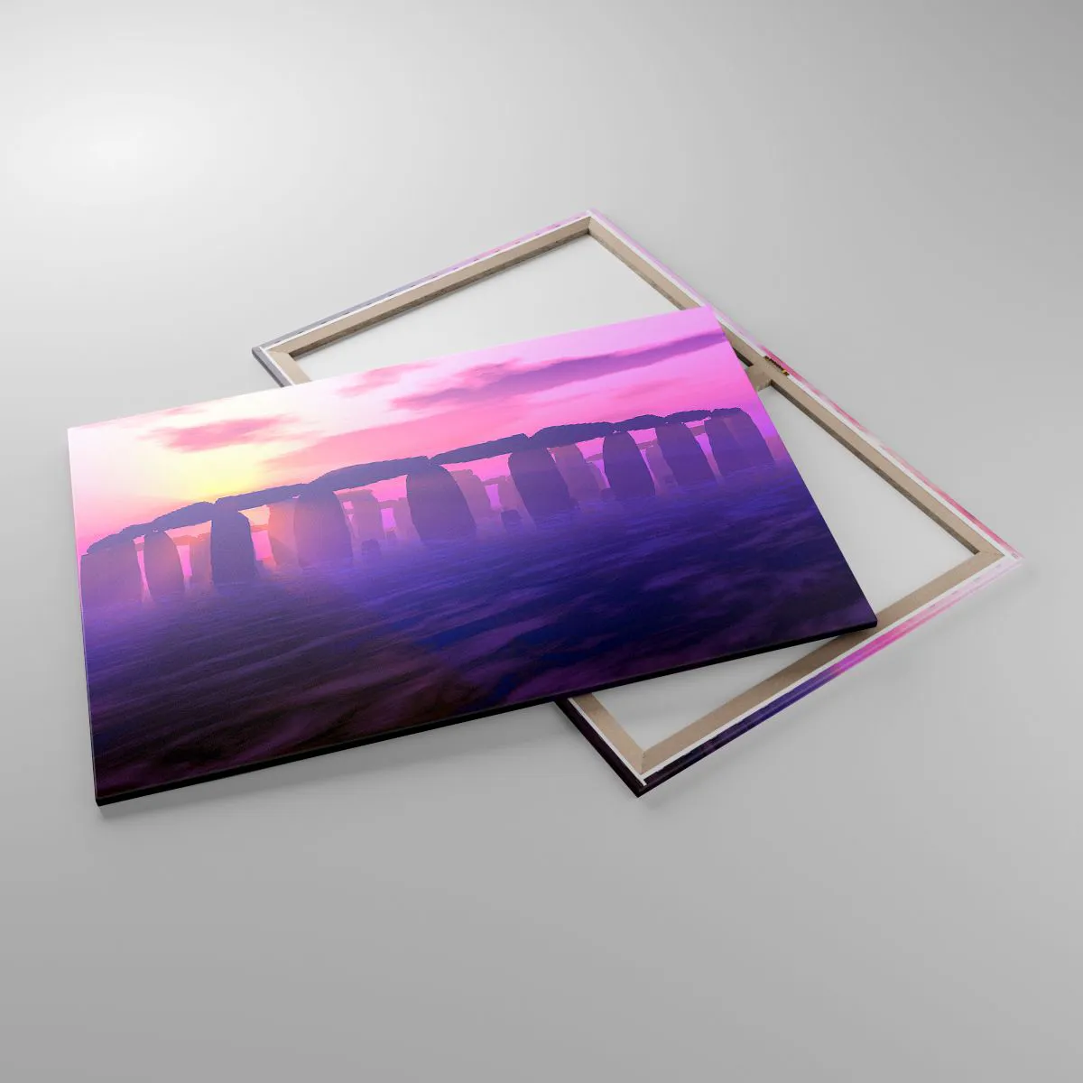 Impression sur toile - Image sur toile - Cercle de pierres au coucher du soleil avec un ciel violet - 100x70cm - Mystère à l'aube dans le brouillard - Décoration murale moderne pour le salon et la chambre ARTTOR