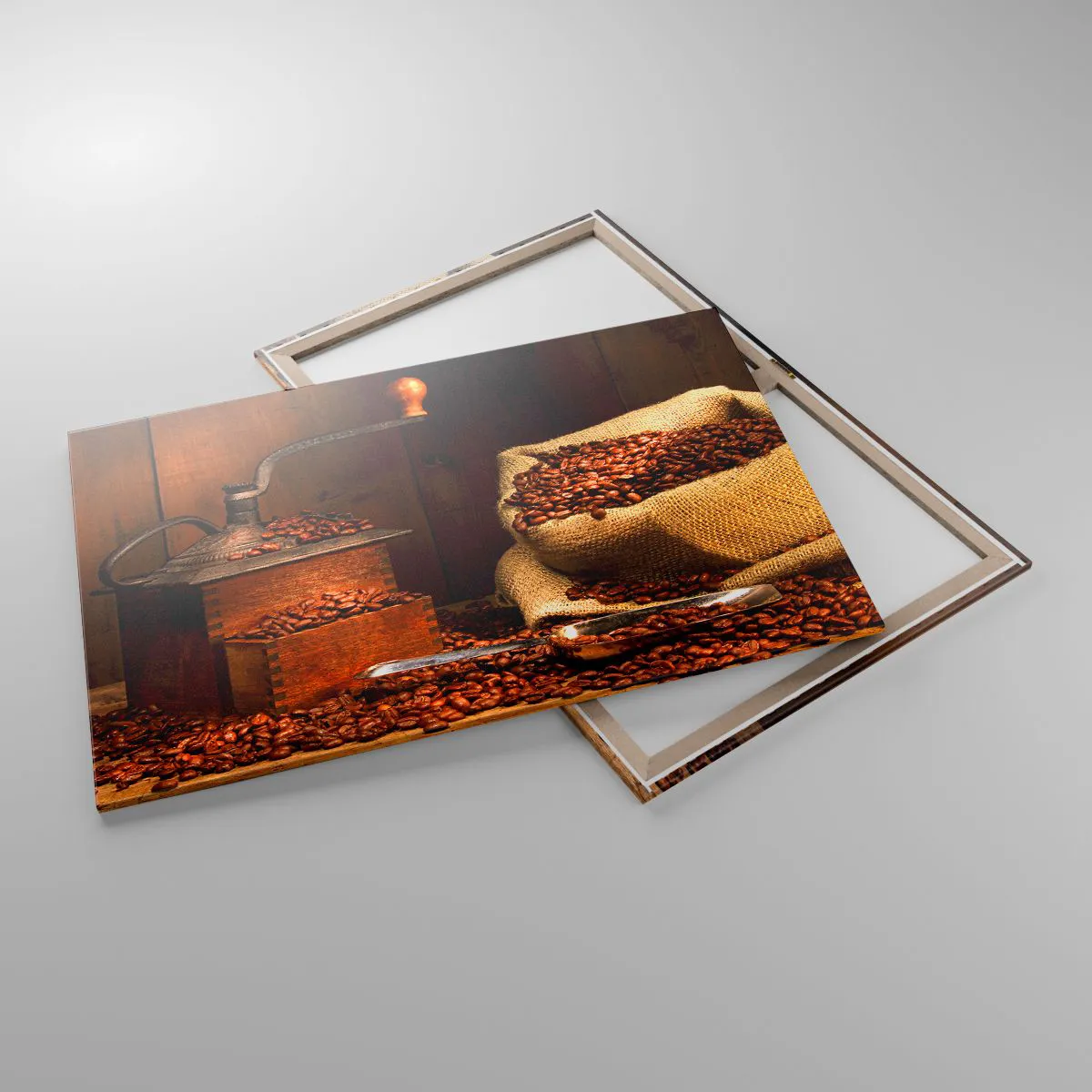 Quadro em tela - Natureza morta com grãos de café e moedor - 100x70 cm