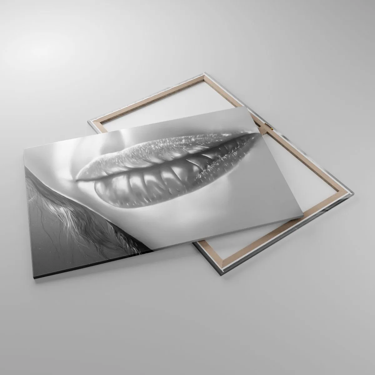 Cuadro sobre lienzo - Impresión de Imagen - Primer plano en blanco y negro de los labios de una mujer con efecto brillante y detalles. - 100x70cm - Sé lo que estás pensando... - Decoración de pared moderna para salón y dormitorio ARTTOR