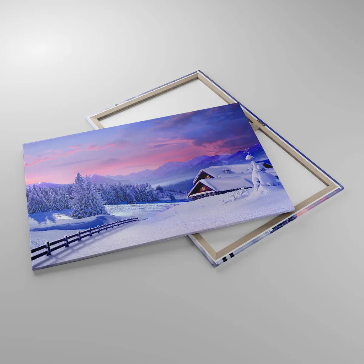 Obraz na płótnie - Zimowy krajobraz z domkami w górach o zachodzie słońca - 100x70cm - Cicha noc - Nowoczesna dekoracja ścienna do salonu, kuchni i sypialni ARTTOR