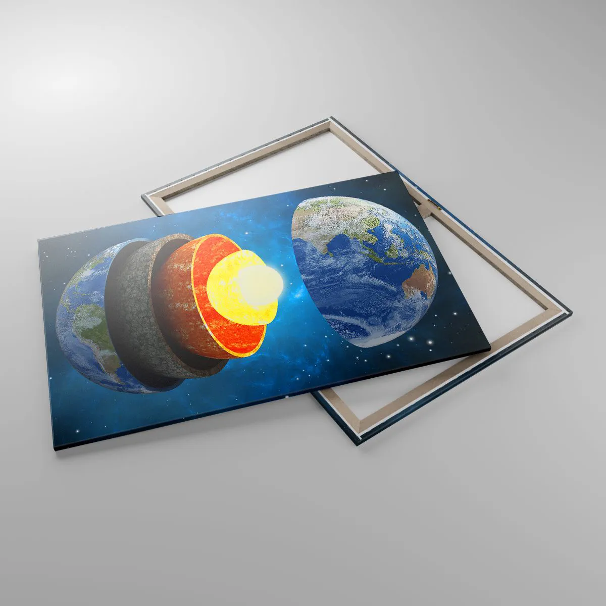 Obraz na płótnie - Przekrój Ziemi ukazujący jej warstwy w przestrzeni kosmicznej - 100x70cm - Wyprawa do wnętrz Ziemi - Nowoczesna dekoracja ścienna do salonu, kuchni i sypialni ARTTOR