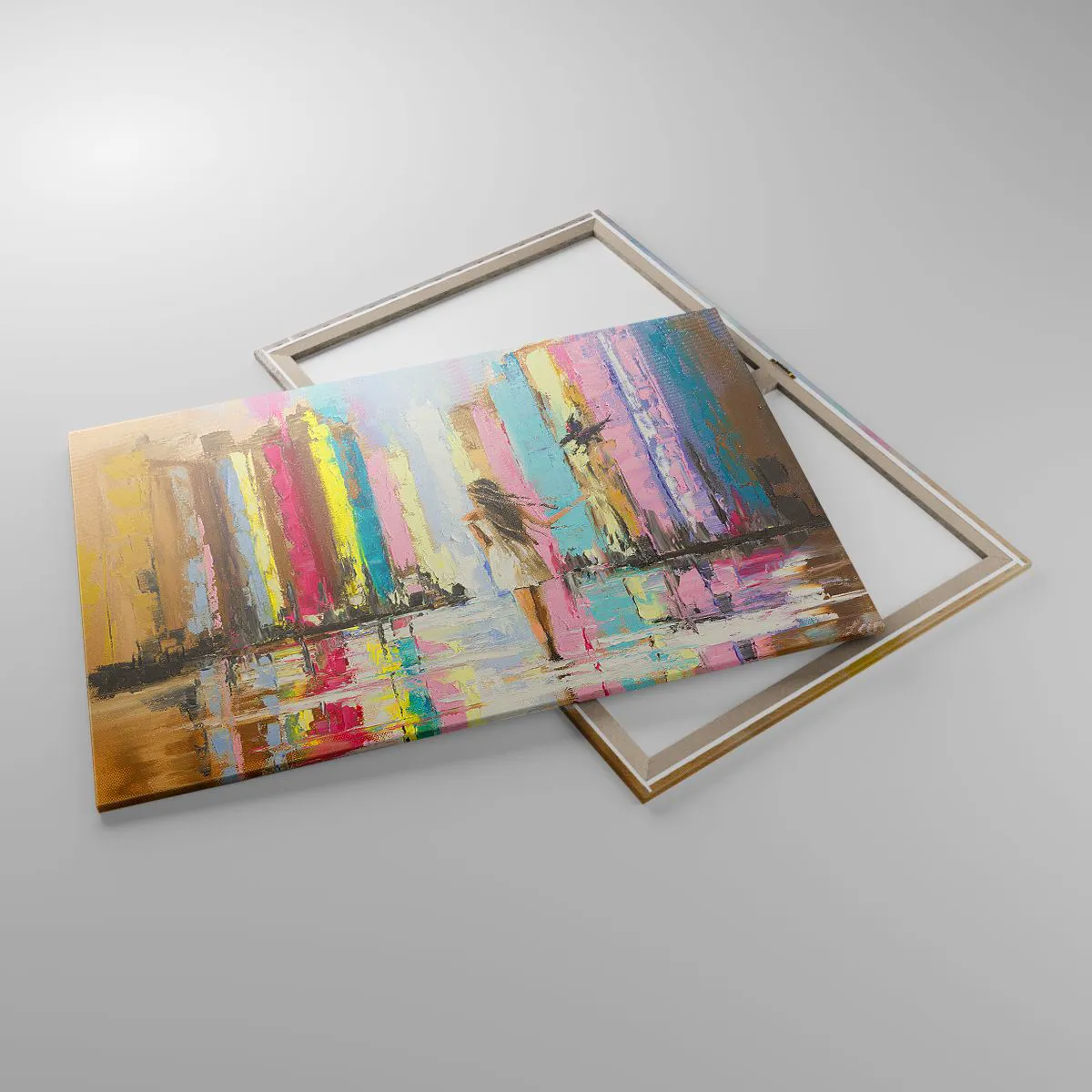 Obraz na płótnie - Kolorowe miasto i kobieta w białej sukni z ptakiem - 100x70cm - Idż za mną - Nowoczesna dekoracja ścienna do salonu, kuchni i sypialni ARTTOR