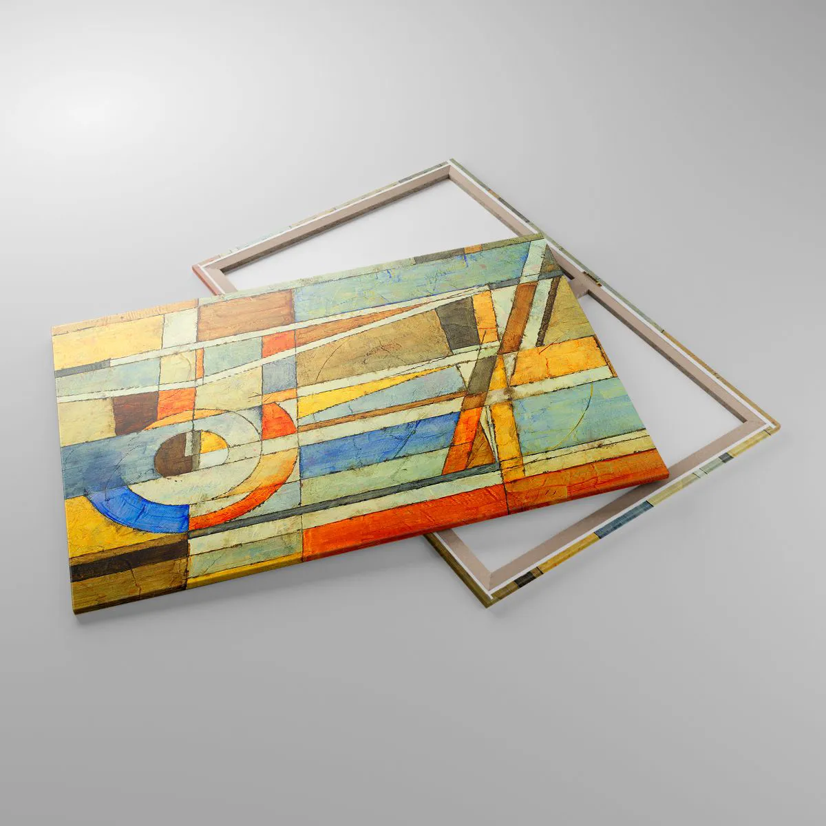 Obraz na płótnie - Geometryczna abstrakcja w odcieniach beżu, błękitu i pomarańczy - 100x70cm - Kubizm na budowie - Nowoczesna dekoracja ścienna do salonu, kuchni i sypialni ARTTOR