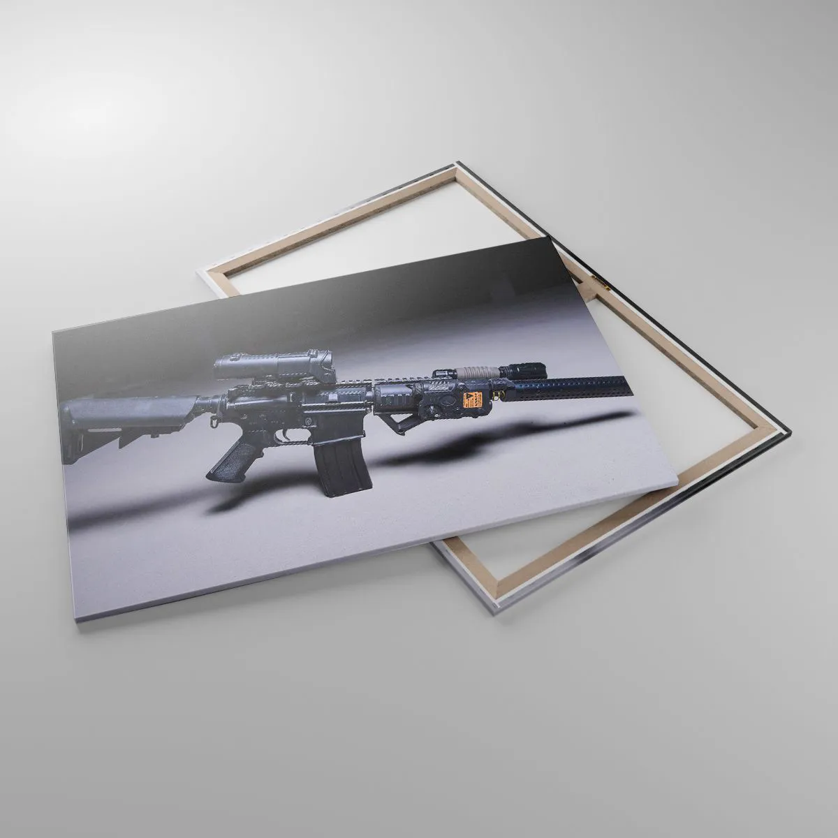 Cuadro sobre lienzo - Impresión de Imagen - Un rifle moderno en negro sobre un fondo oscuro. - 100x70cm - Un caballero oscuro - Decoración de pared moderna para salón y dormitorio ARTTOR