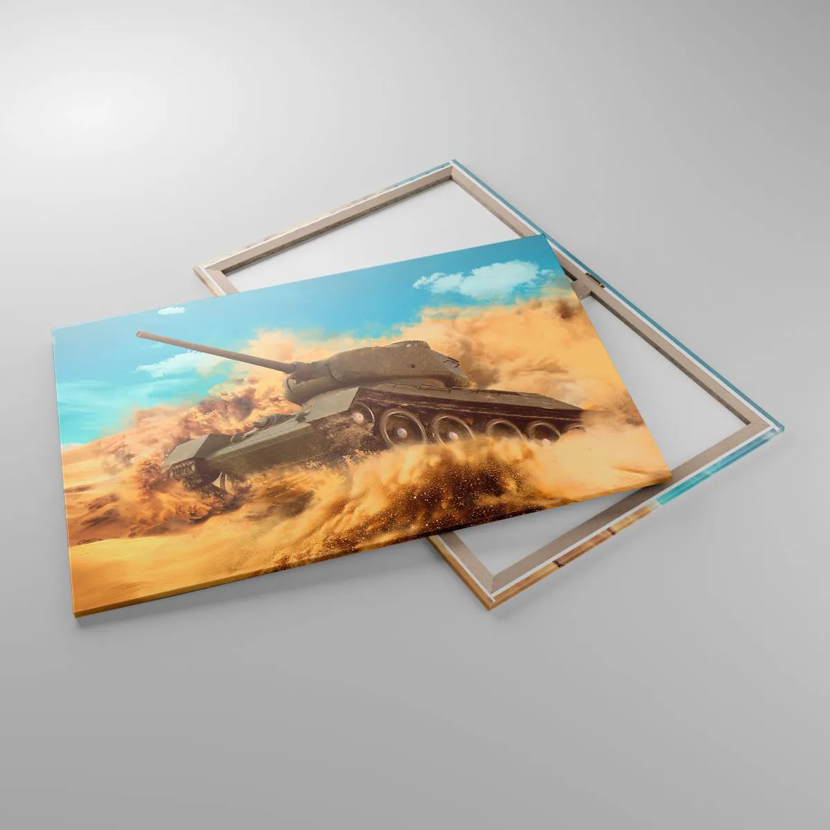 Bild auf Leinwand - Leinwandbild - Ein Panzer im Einsatz in der Wüste, umgeben von Sandstaub. - 100x70cm - Nicht zu besiegen - Moderne Wanddekoration für Wohnzimmer und Schlafzimmer ARTTOR