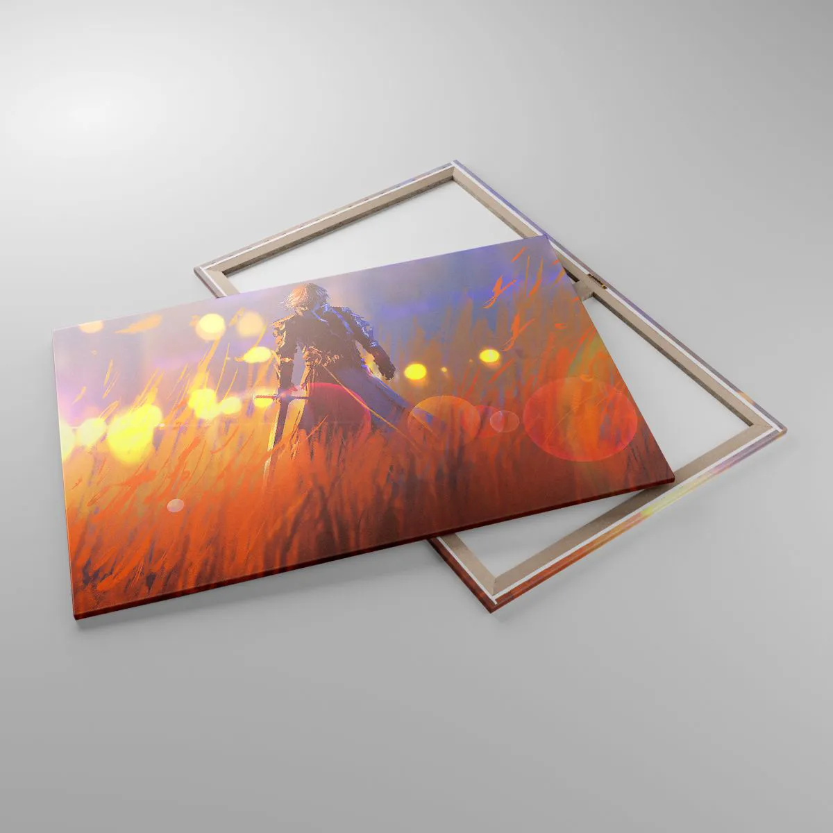 Impression sur toile - Image sur toile - La figure d'un chevalier à la lumière du soleil couchant dans un champ - 100x70cm - Chevalier errant - Décoration murale moderne pour le salon et la chambre ARTTOR