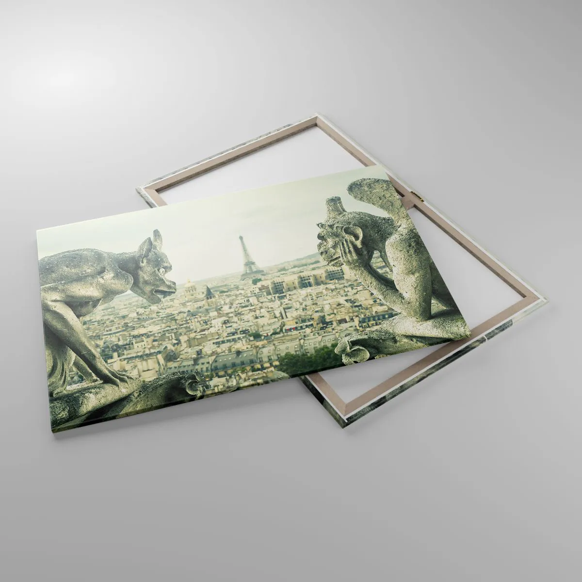 Obraz na płótnie - Gargulce z widokiem na panoramę Paryża i wieżę Eiffla - 100x70cm - Paryskie pogaduchy - Nowoczesna dekoracja ścienna do salonu, kuchni i sypialni ARTTOR