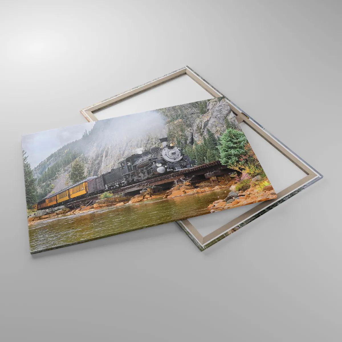 Obraz na płótnie - Parowóz na moście w malowniczym górskim krajobrazie - 100x70cm - A dokąd to? Dokąd? - Nowoczesna dekoracja ścienna do salonu, kuchni i sypialni ARTTOR