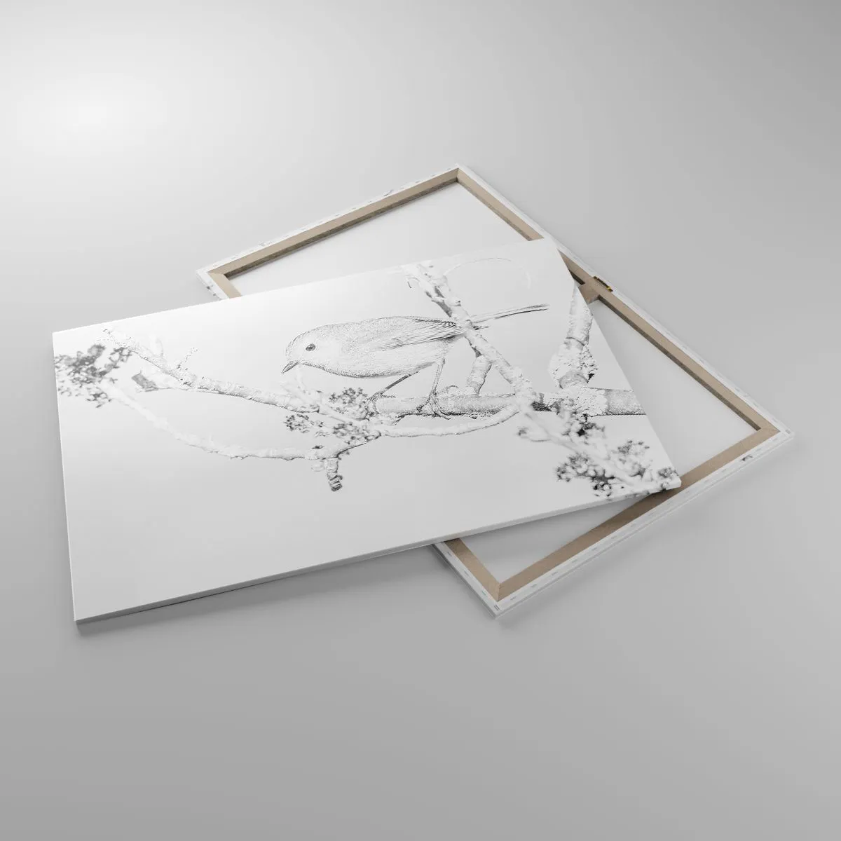 Impression sur toile - Image sur toile - Oiseau sur une branche en noir et blanc avec un style minimaliste - 100x70cm - Matin d'hiver - Décoration murale moderne pour le salon et la chambre ARTTOR