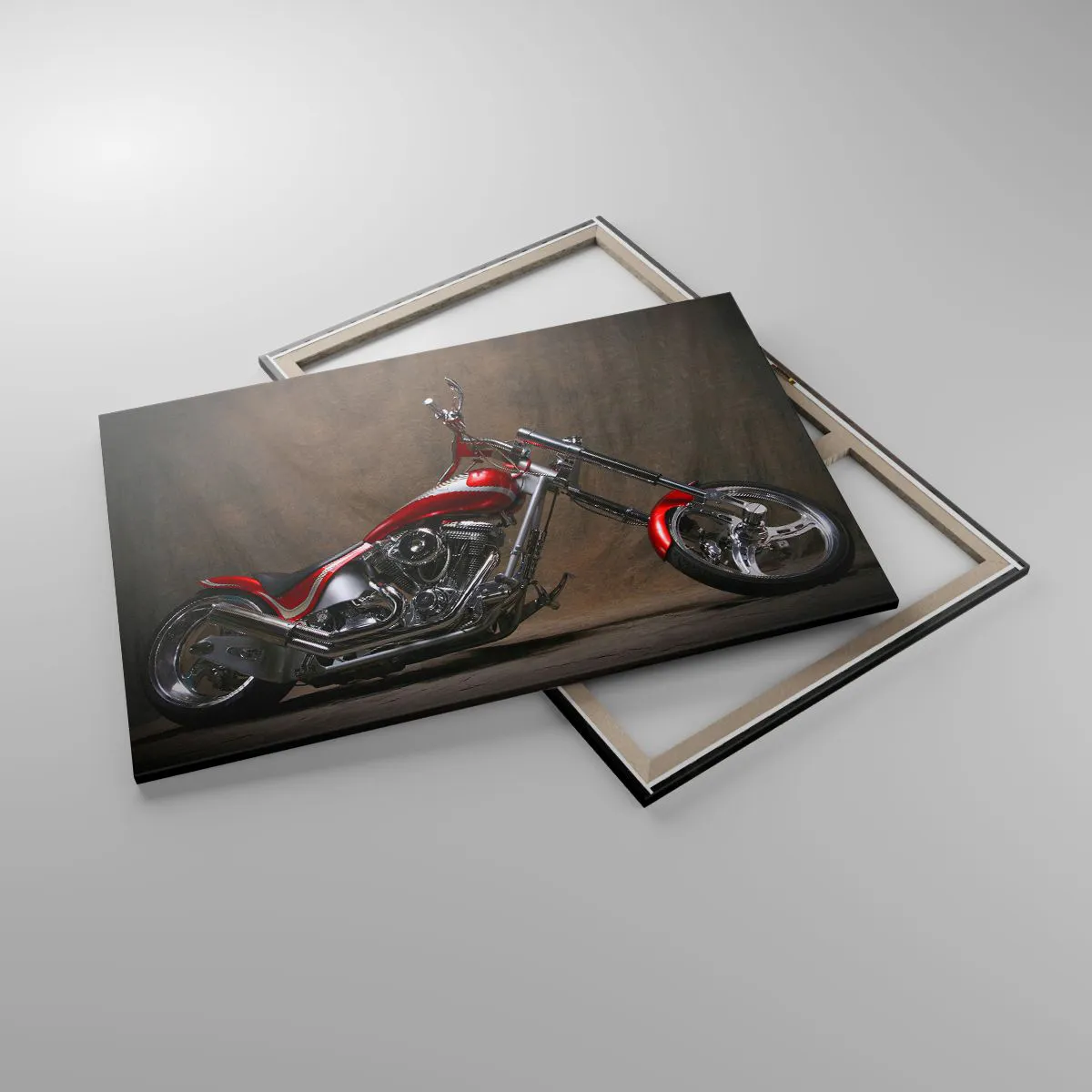 Cuadro sobre lienzo - Impresión de Imagen - Motocicleta roja personalizada sobre un fondo de tela marrón. - 120x80cm - Belleza rojo-plateada - Decoración de pared moderna para salón y dormitorio ARTTOR