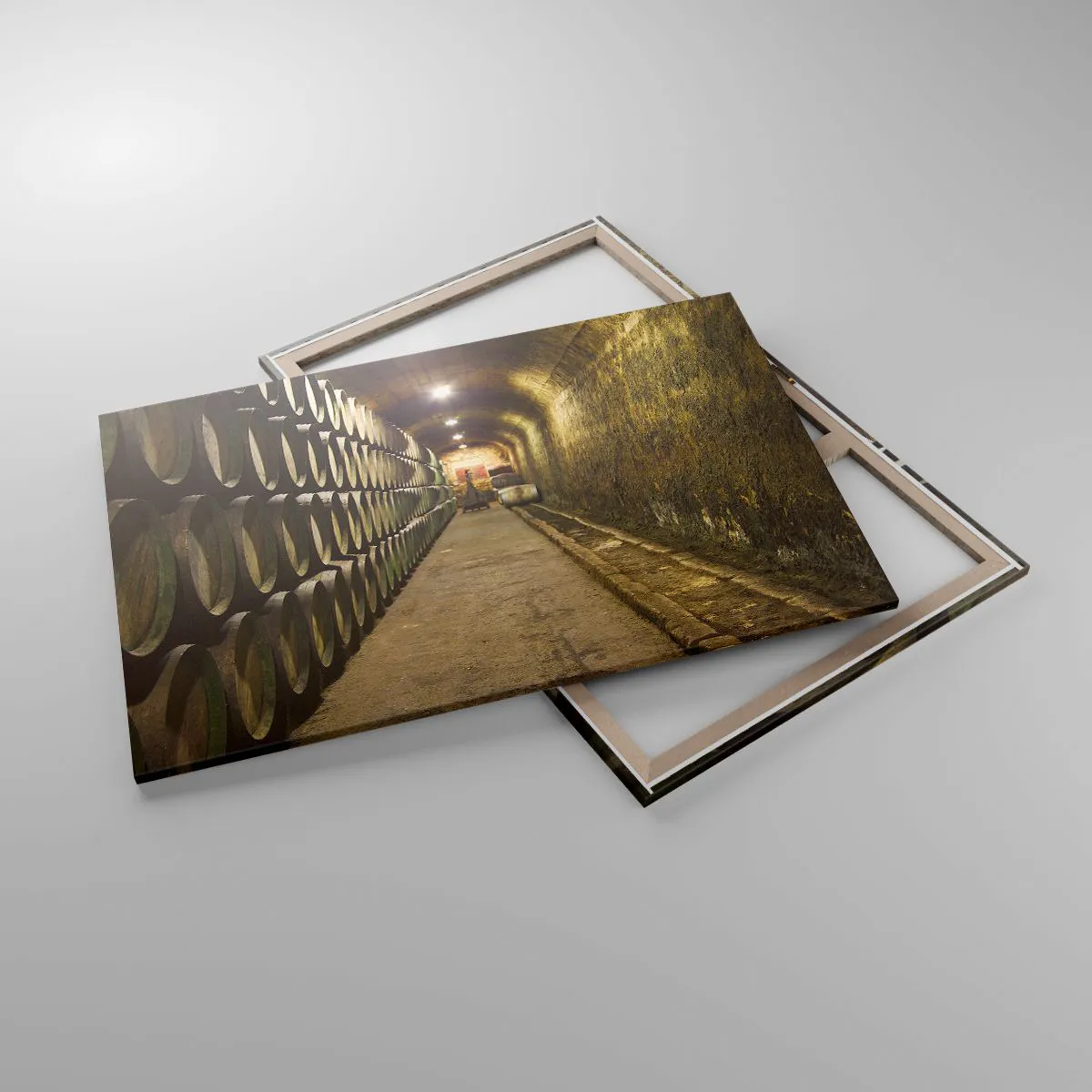 Obraz na płótnie - Piwnica z drewnianymi beczkami na wino ułożonymi w rzędach - 120x80cm - Dobrze jest poleżeć sobie - Nowoczesna dekoracja ścienna do salonu, kuchni i sypialni ARTTOR