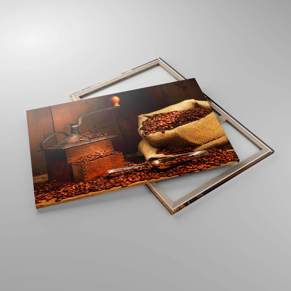 Quadro em tela - Natureza morta com grãos de café e moedor - 120x80 cm