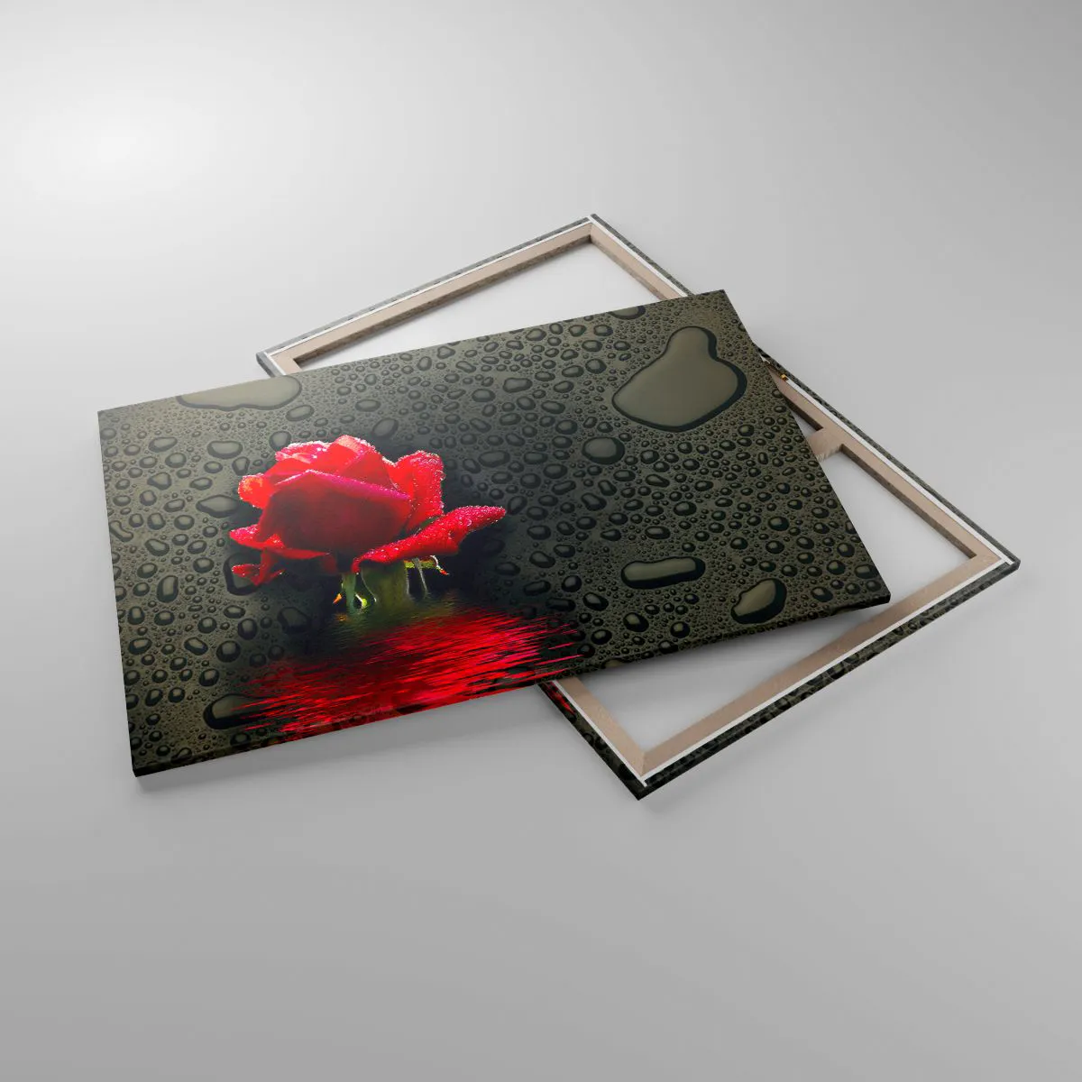 Impression sur toile - Image sur toile - Rose rouge avec des gouttes d'eau sur un fond sombre - 120x80cm - Rouge et noir - Décoration murale moderne pour le salon et la chambre ARTTOR