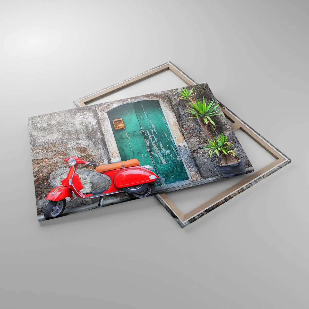 Bild auf Leinwand - Leinwandbild - Roter Roller an der grünen Tür - 120x80cm - Italienischer Urlaub - Moderne Wanddekoration für Wohnzimmer und Schlafzimmer ARTTOR