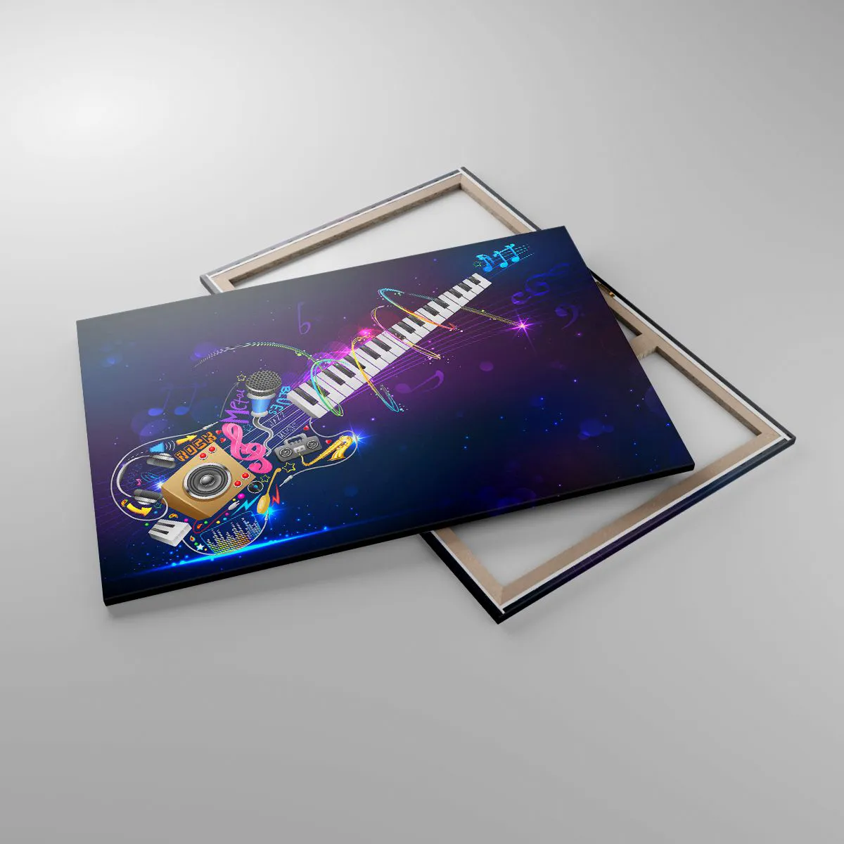 Obraz na płótnie - Kolorowa gitara z klawiaturą i mikrofonem na ciemnym tle - 120x80cm - I wszystko gra - Nowoczesna dekoracja ścienna do salonu, kuchni i sypialni ARTTOR