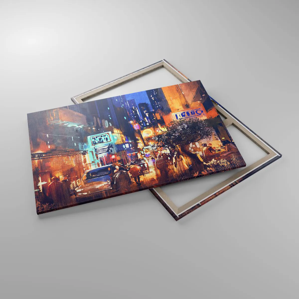 Bild auf Leinwand - Leinwandbild - Abendliche Stadtansicht im impressionistischen Stil - 120x80cm - Und die Stadt ist wach - Moderne Wanddekoration für Wohnzimmer und Schlafzimmer ARTTOR