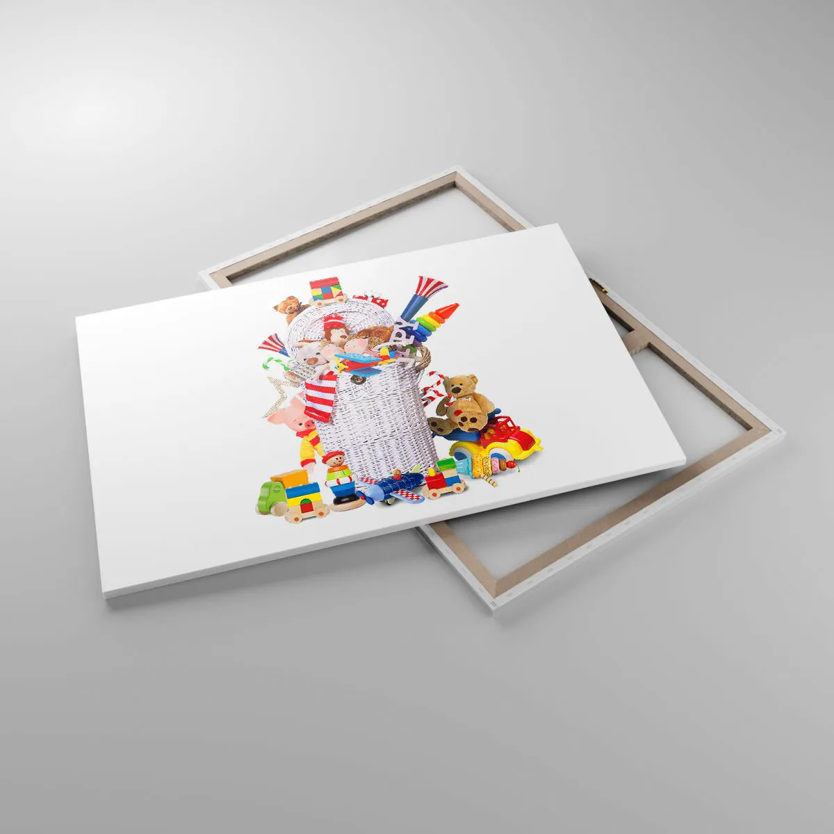 Obraz na płótnie - Kolorowy kosz pełen dziecięcych zabawek - 120x80cm - Skarby malucha - Nowoczesna dekoracja ścienna do salonu, kuchni i sypialni ARTTOR