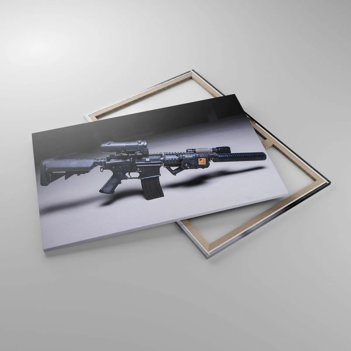 Cuadro sobre lienzo - Impresión de Imagen - Un rifle moderno en negro sobre un fondo oscuro. - 120x80cm - Un caballero oscuro - Decoración de pared moderna para salón y dormitorio ARTTOR