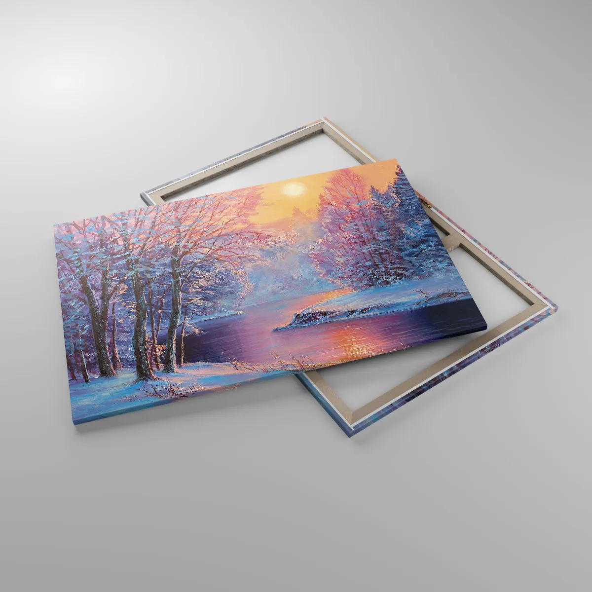 Impression sur toile - Image sur toile - Paysage d'hiver avec rivière et arbres au lever du soleil - 120x80cm - Couleurs d'hiver - Décoration murale moderne pour le salon et la chambre ARTTOR