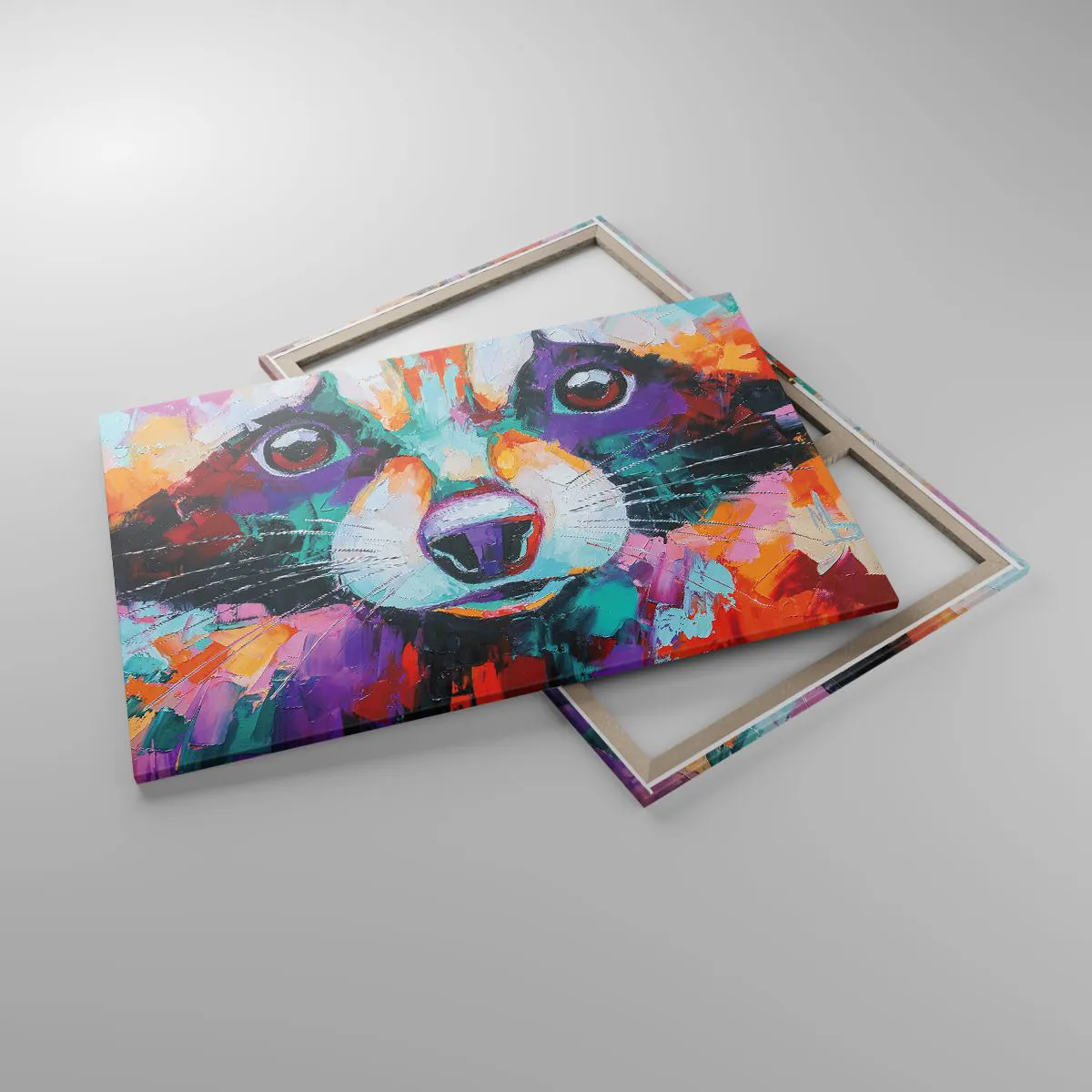 Cuadro sobre lienzo - Impresión de Imagen - Un retrato colorido de un mapache en el estilo de pintura expresiva. - 120x80cm - Solo buenas emociones - Decoración de pared moderna para salón y dormitorio ARTTOR