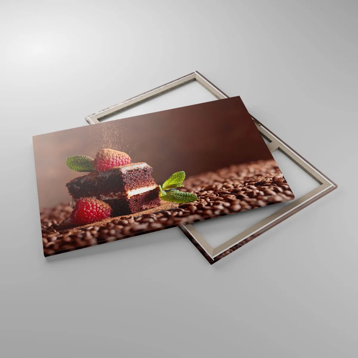 Obraz na płótnie - Czekoladowe ciasto z malinami i miętą na tle ziaren kakao - 120x80cm - Życie jest słodkie - Nowoczesna dekoracja ścienna do salonu, kuchni i sypialni ARTTOR
