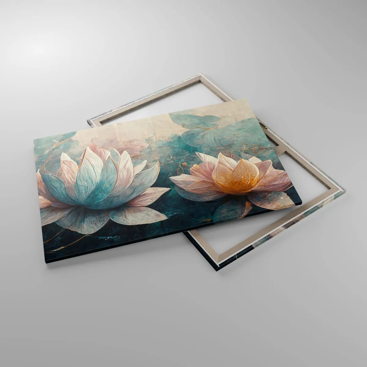 Obraz na płótnie - Subtelne lilie wodne w pastelowych odcieniach błękitu i złota - 120x80cm - Gwiazdy jeziora - Nowoczesna dekoracja ścienna do salonu, kuchni i sypialni ARTTOR