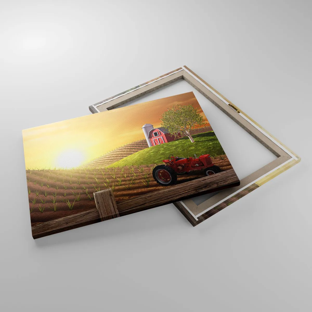 Impression sur toile - Image sur toile - Paysage rural avec une grange rouge, un tracteur et un lever de soleil - 70x50cm - Une ferme comme dans un conte de fées - Décoration murale moderne pour le salon et la chambre ARTTOR