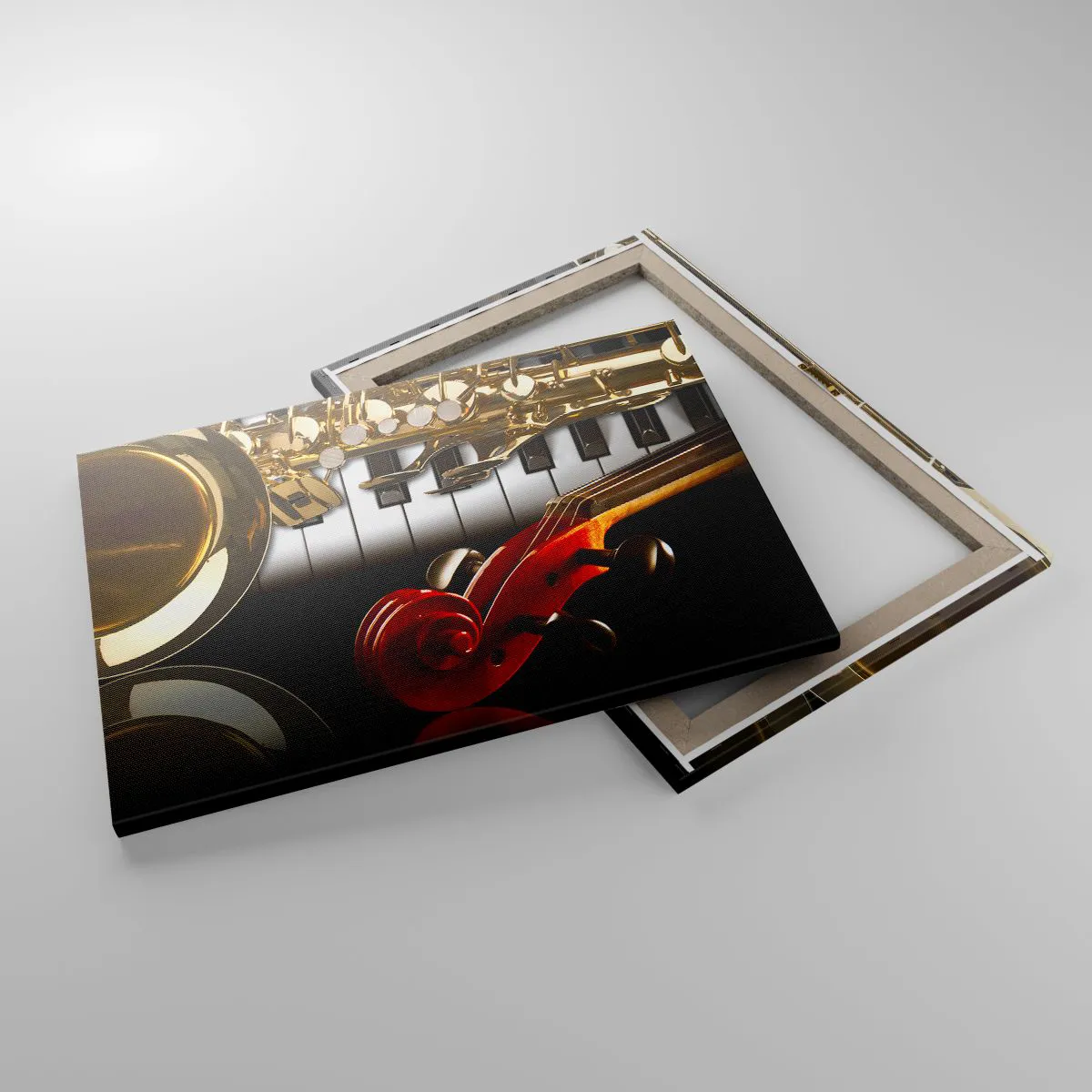 Lærredstryk - Billede på lærred - En gylden saxofon, klavertangenter og en rød violin - 70x50cm - Metalplader, træ og elfenben - Moderne vægdekoration til stue og soveværelse ARTTOR