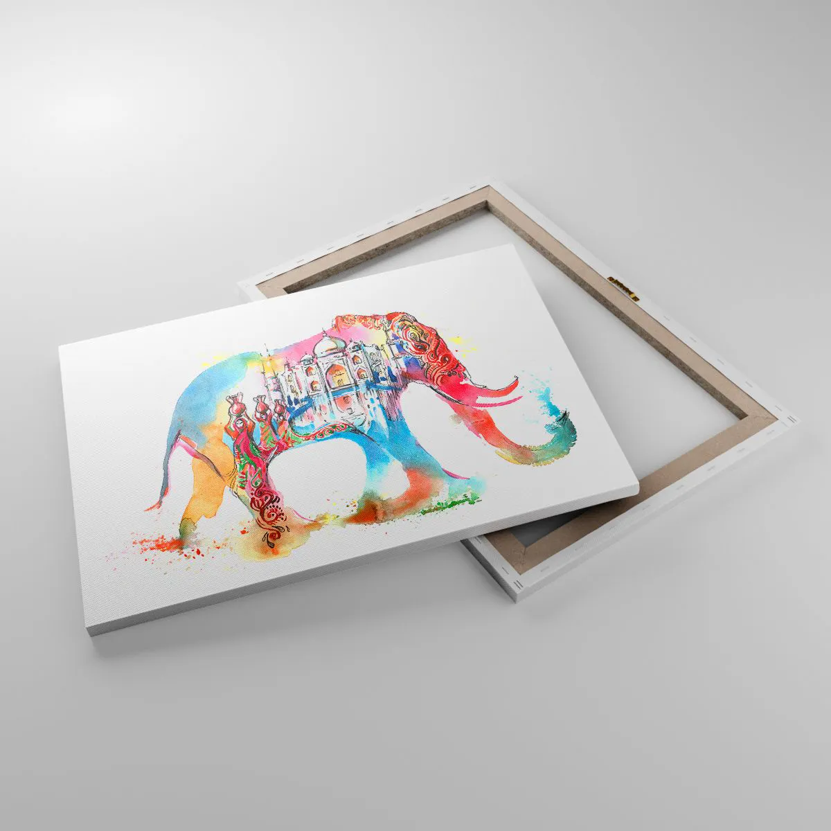 Vászonkép - Színes akvarellfestmény egy elefántról Taj Mahal motívummal - 70x50cm - India - a szerelem aurája - Modern fali dekoráció nappalihoz és hálószobához ARTTOR