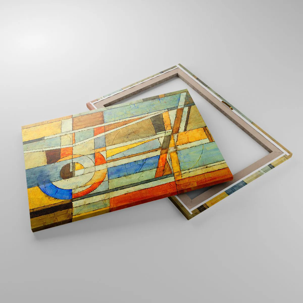 Quadro em tela - Abstração geométrica em tons de bege, azul e laranja - 70x50cm - Cubismo em construção - Decoração de parede moderna para a sala de estar e quarto ARTTOR