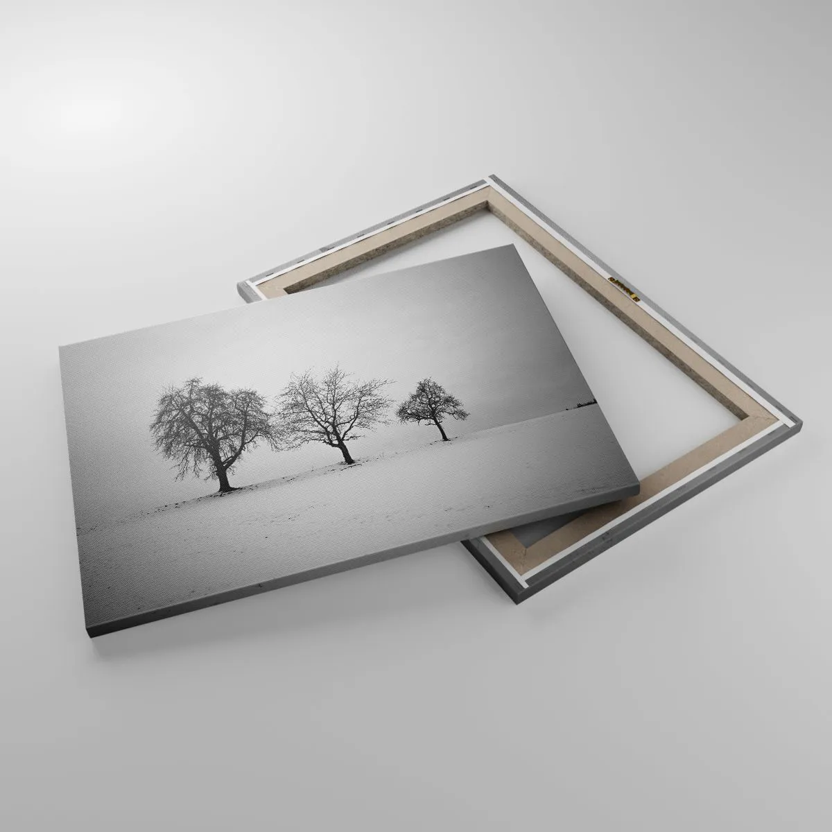 Quadro em tela - Três árvores em um campo nevado em estilo monocromático - 70x50cm - Com que sonham elas? - Decoração de parede moderna para a sala de estar e quarto ARTTOR