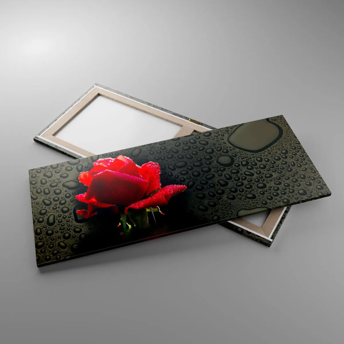 Impression sur toile - Image sur toile - Rose rouge avec des gouttes d'eau sur un fond sombre - 120x50cm - Rouge et noir - Décoration murale moderne pour le salon et la chambre ARTTOR