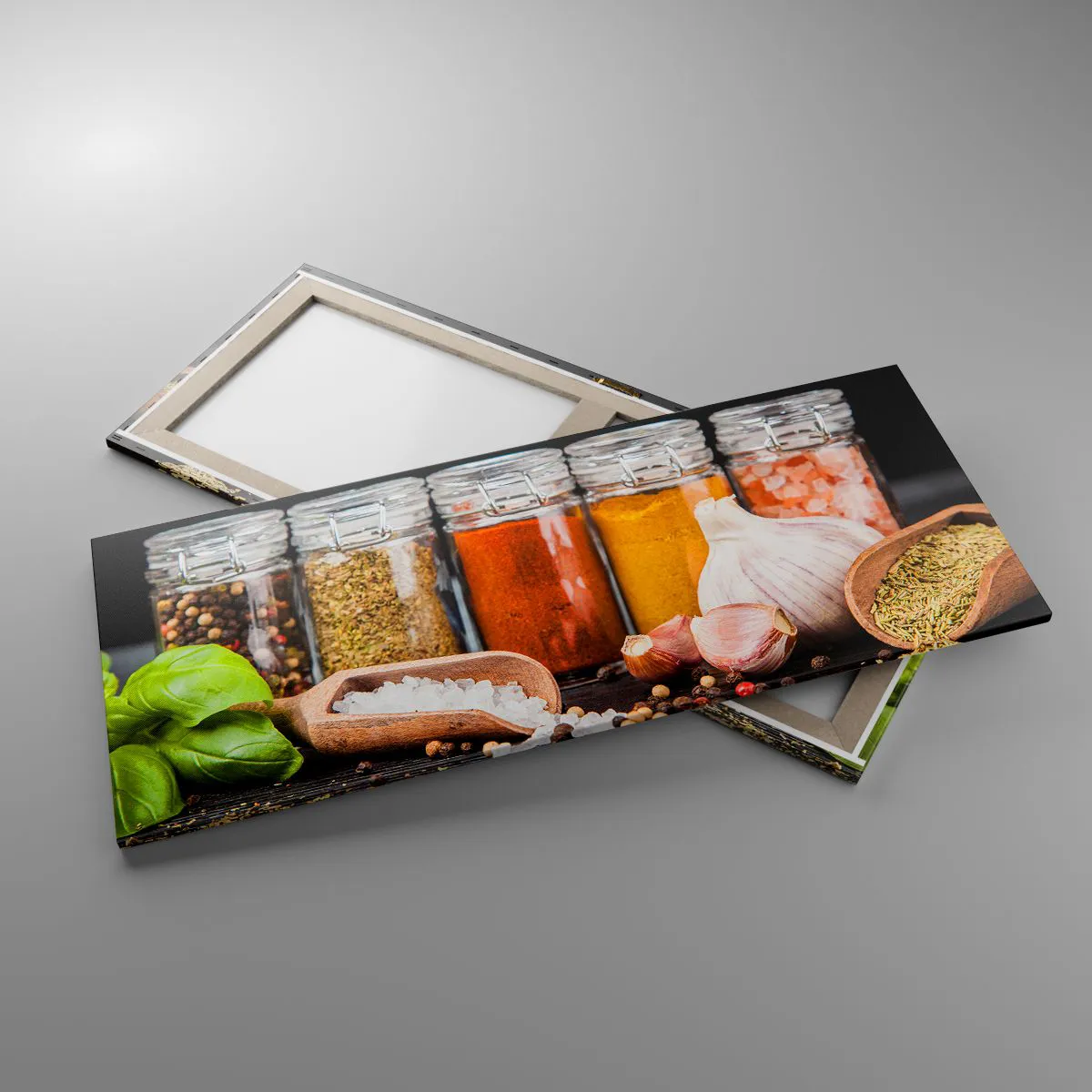 Cuadro sobre lienzo - Impresión de Imagen - Hierbas y especias en frascos de vidrio sobre un fondo oscuro. - 120x50cm - Para que la vida sepa bien - Decoración de pared moderna para salón y dormitorio ARTTOR