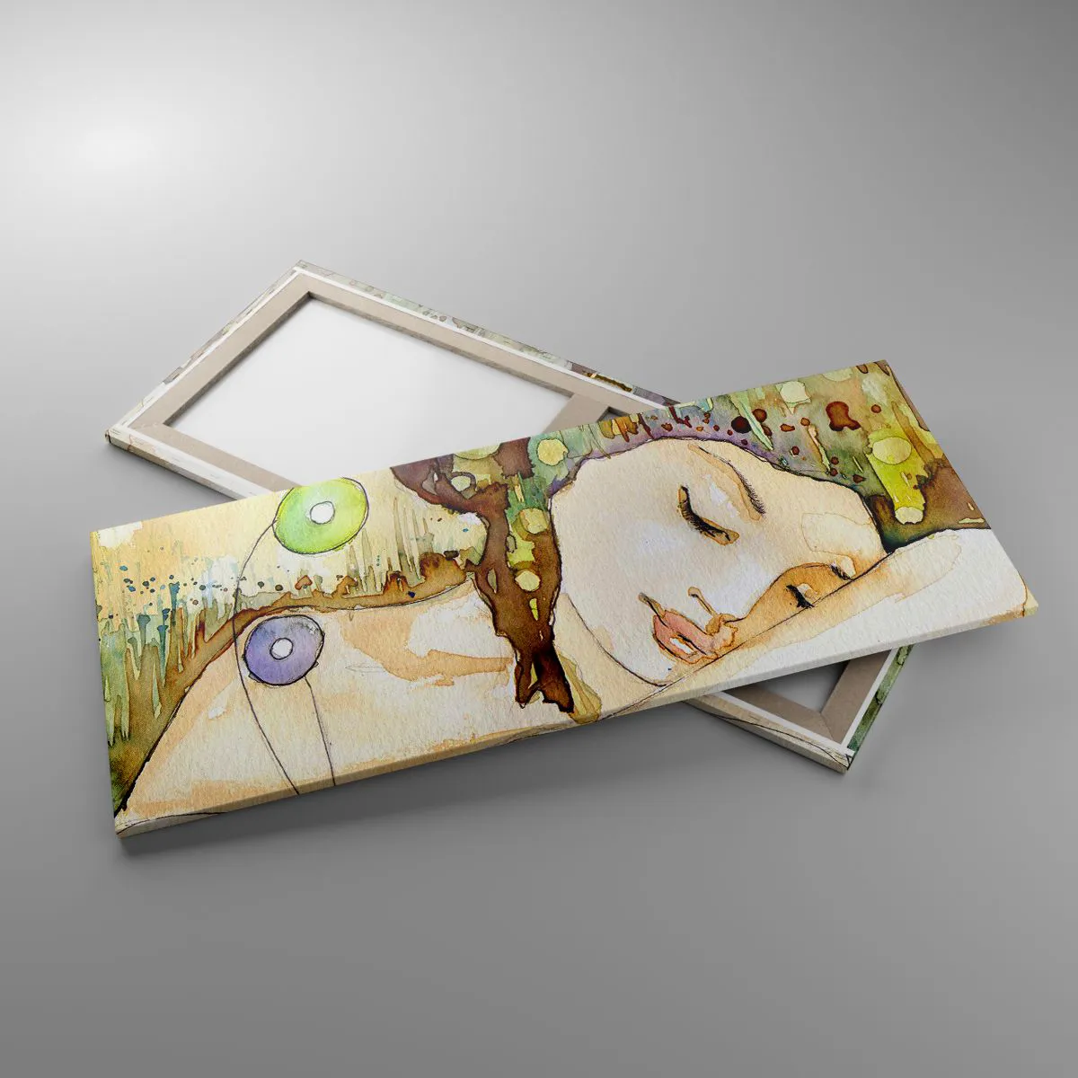 Bild auf Leinwand - Leinwandbild - Eine träumende Frau, umgeben von abstrakten Formen und Farben. - 120x50cm - Ein smaragd-violetter Traum - Moderne Wanddekoration für Wohnzimmer und Schlafzimmer ARTTOR