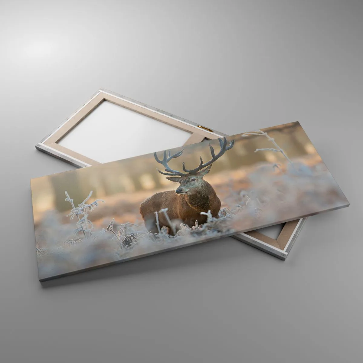 Quadro su tela - Stampe su Tela - Un cervo in una radura gelida in una foresta invernale dai colori tenui - 120x50cm - Fresco mattino - Decorazione murale moderna per soggiorno e camera da letto ARTTOR