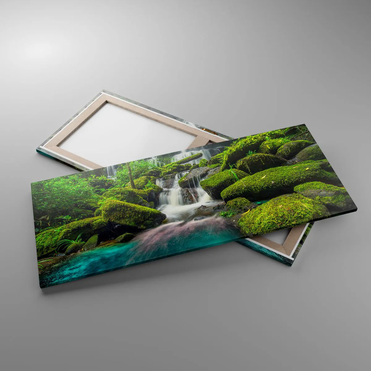 Bild auf Leinwand - Leinwandbild - Ein tropischer Wasserfall, umgeben von Grün und türkisfarbenem Wasser - 120x50cm - Türkis, Saphire und flüssiges Silber - Moderne Wanddekoration für Wohnzimmer und Schlafzimmer ARTTOR