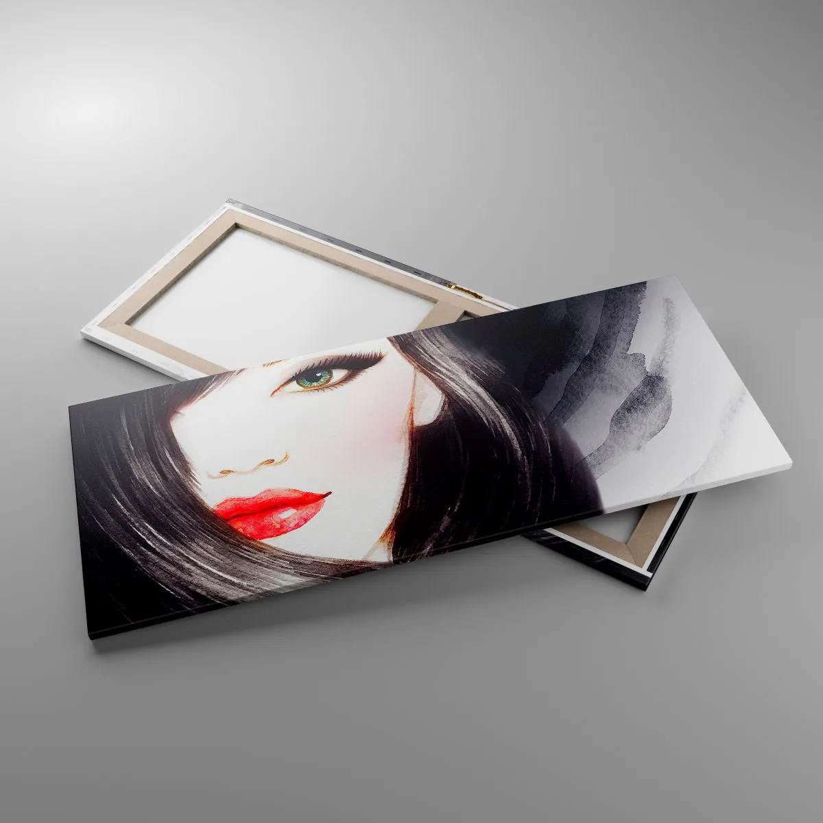 Cuadro sobre lienzo - Impresión de Imagen - Retrato de una mujer con mirada expresiva y labios rojos. - 120x50cm - Mirada de zafiro - Decoración de pared moderna para salón y dormitorio ARTTOR