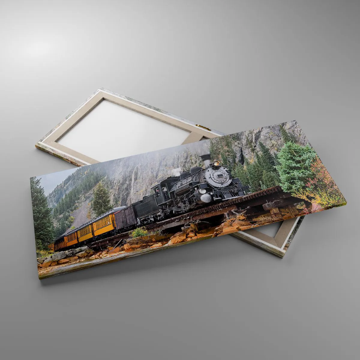 Obraz na płótnie - Parowóz na moście w malowniczym górskim krajobrazie - 120x50cm - A dokąd to? Dokąd? - Nowoczesna dekoracja ścienna do salonu i sypialni ARTTOR